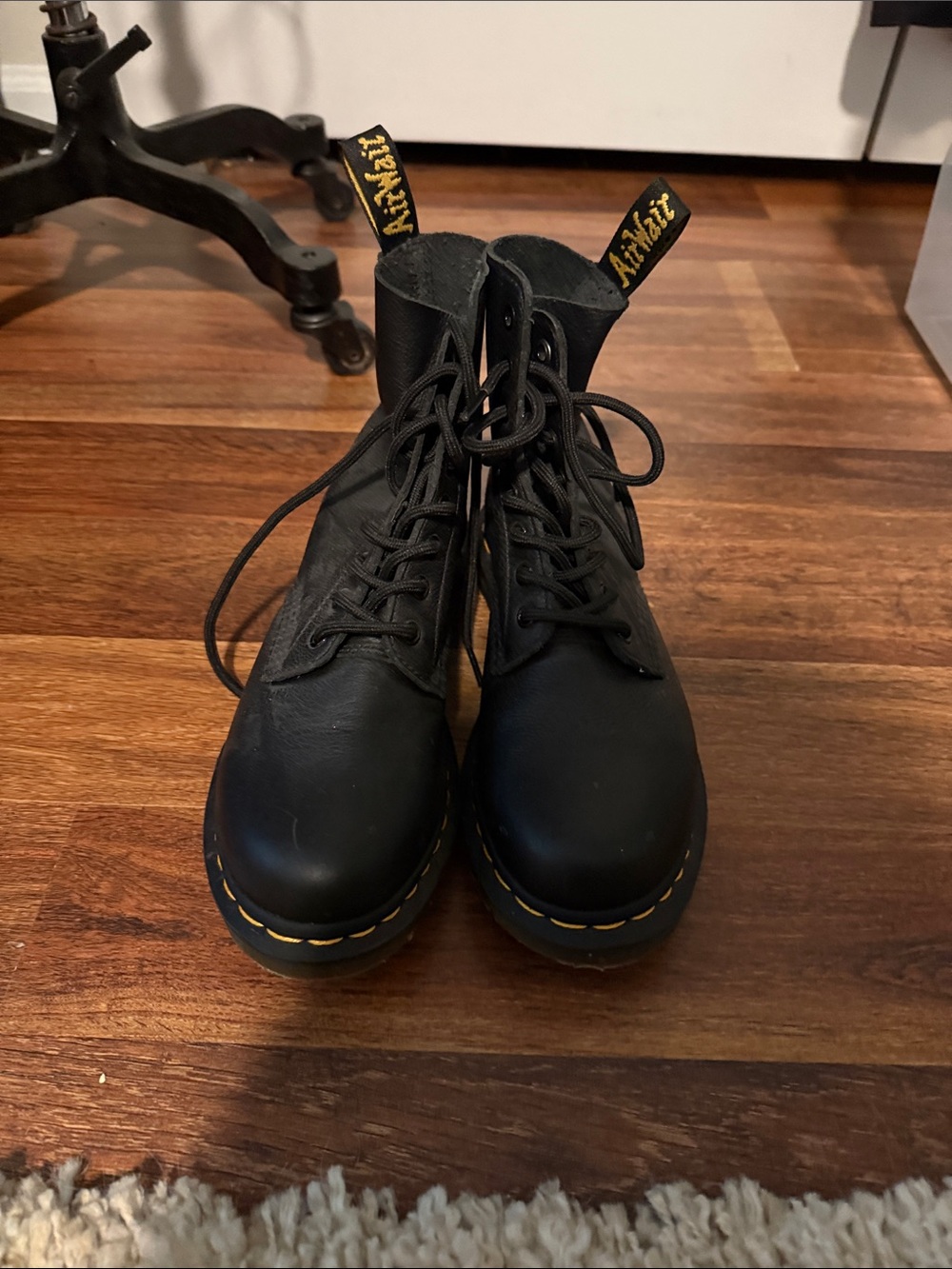 Dr. Martens Black Leather 8-Eye Lace-Up Boots with Yellow Stitching